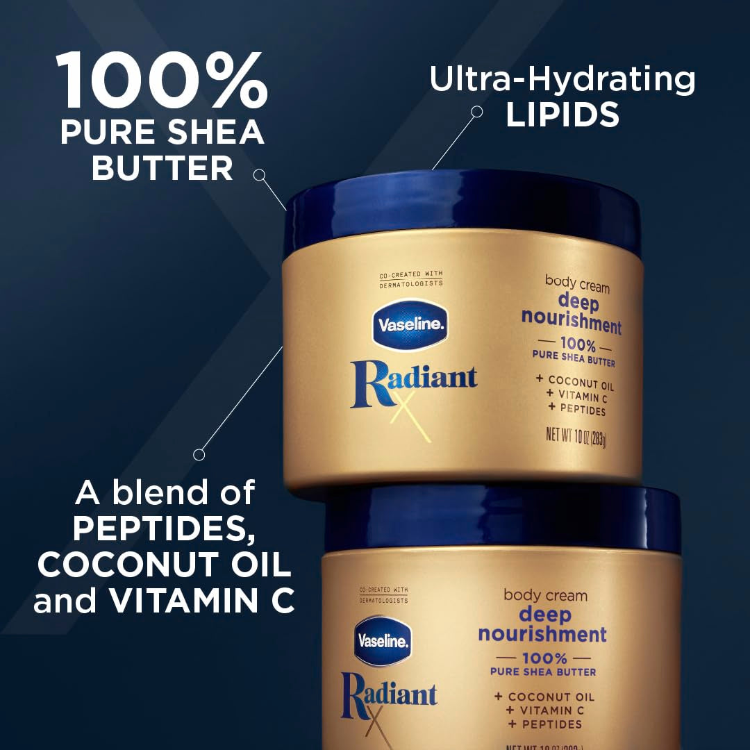 Vaseline Radiant X Deep Nourishment Body Cream 100% Pure Shea Butter, Coconut Oil, Vitamin C, & Peptides, 10 OZ - 24hrsmart